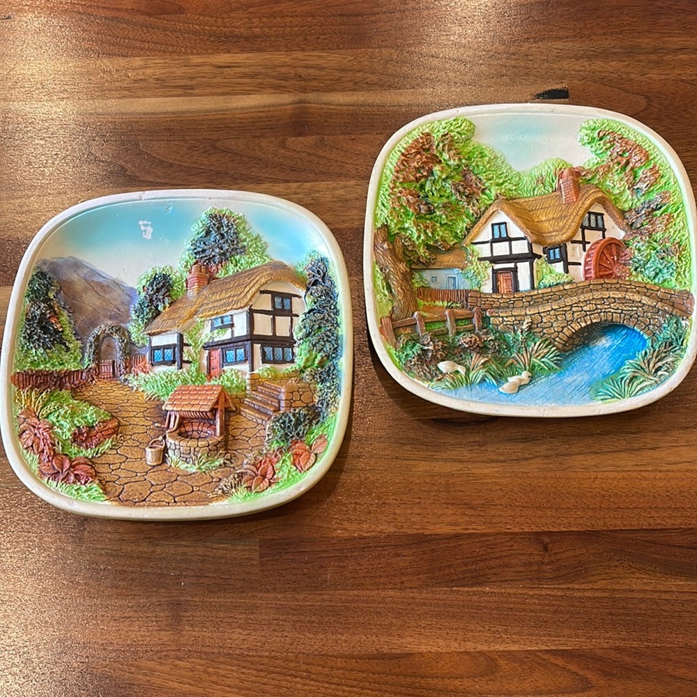 Vintage Legend Products England Cottage & Well Hand Painted 3D Wall Plaques.